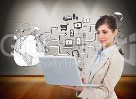 Composite image of confident businesswoman holding laptop