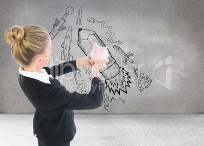 Composite image of businesswoman holding pink piggy bank