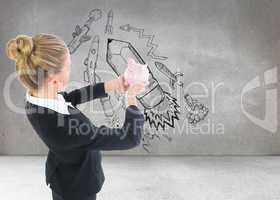 Composite image of businesswoman holding pink piggy bank