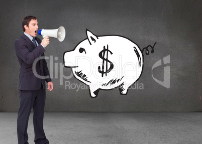 Composite image of standing businessman shouting through a megap