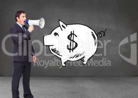 Composite image of standing businessman shouting through a megap