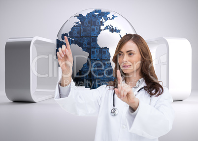 Composite image of happy doctor pointing