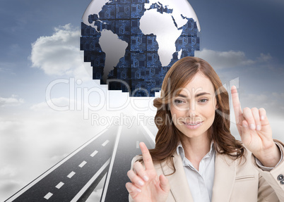 Composite image of classy businesswoman touching invisible scree