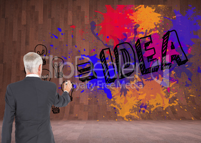 Composite image of rear view of businessman standing and writing