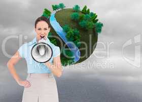 Composite image of furious classy businesswoman talking in megap