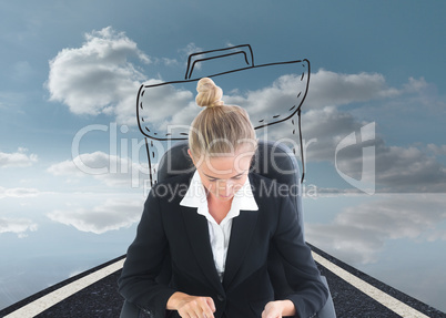 Composite image of businesswoman sitting on swivel chair with ta