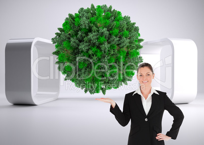 Composite image of charming woman in suit showing a copy space