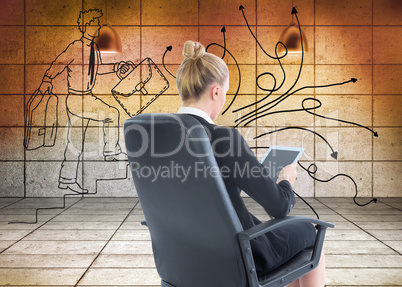 Composite image of businesswoman sitting on swivel chair with ta