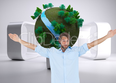 Composite image of handsome man raising hands