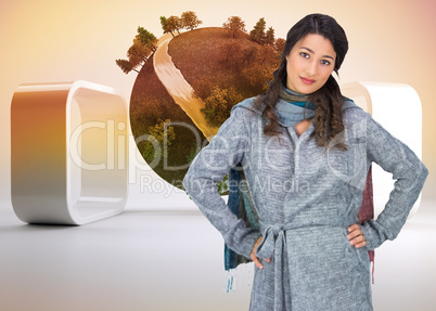 Composite image of serious pretty brunette wearing winter clothe