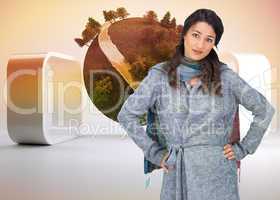 Composite image of serious pretty brunette wearing winter clothe