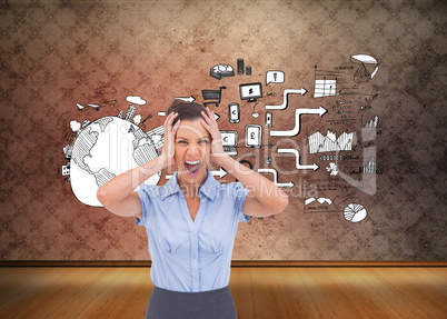 Composite image of stressed businessswoman with hand on her head