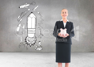 Composite image of businesswoman holding pink piggy bank