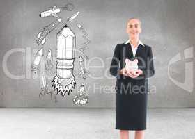 Composite image of businesswoman holding pink piggy bank