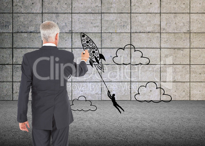 Composite image of rear view of businessman standing and writing