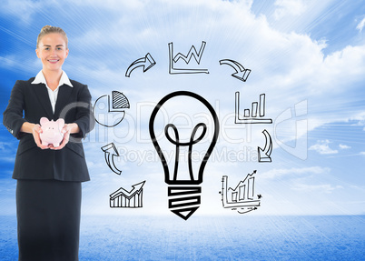 Composite image of happy businesswoman holding a piggy bank