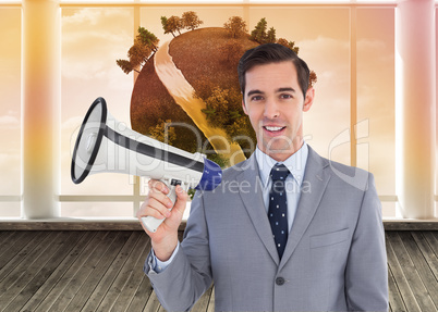 Composite image of smiling businessman holding a megaphone