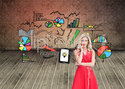 Composite image of thoughtful blonde wearing red dress