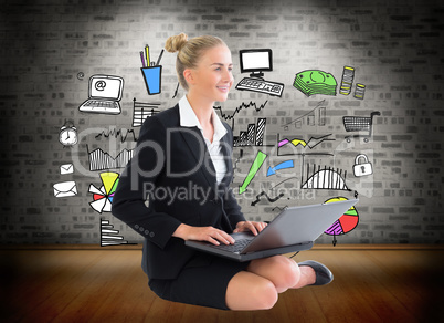 Composite image of businesswoman using laptop