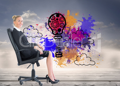 Composite image of businesswoman sitting in swivel chair