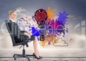 Composite image of businesswoman sitting in swivel chair