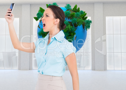 Composite image of angry classy businesswoman yelling at her sma