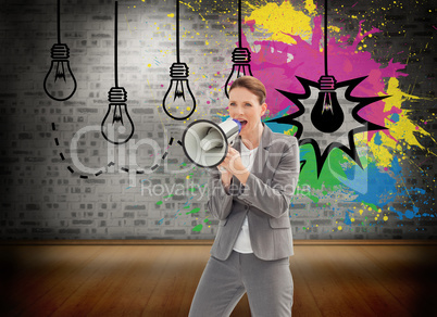 Composite image of businesswoman talking on a megaphone