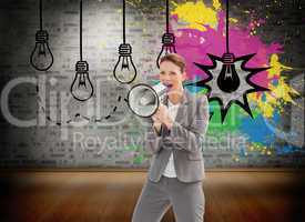 Composite image of businesswoman talking on a megaphone