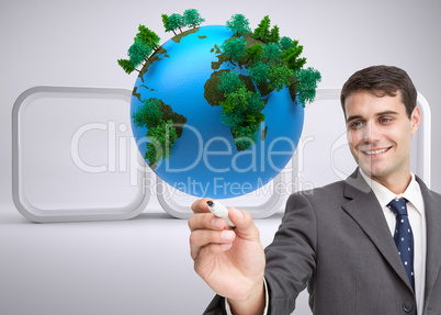 Composite image of young businessman writing something