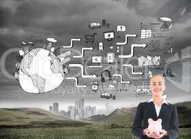 Composite image of businesswoman holding pink piggy bank