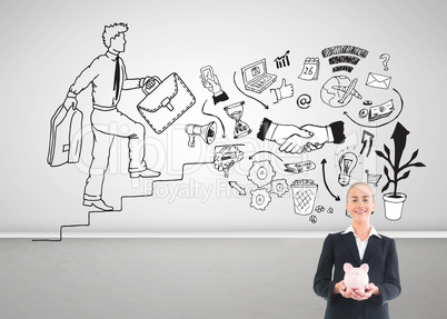 Composite image of businesswoman holding pink piggy bank