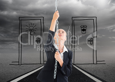 Composite image of businesswoman pulling a chain