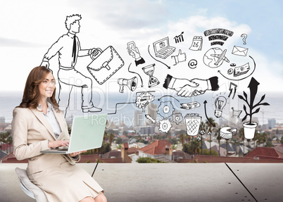 Composite image of smiling businesswoman sitting and using lapto