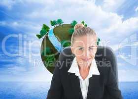 Composite image of businesswoman sitting on swivel chair with ta