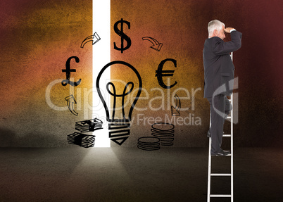 Composite image of mature businessman standing on ladder