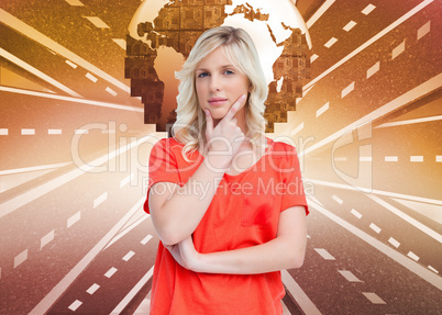 Composite image of teenager standing upright thoughtfully with h