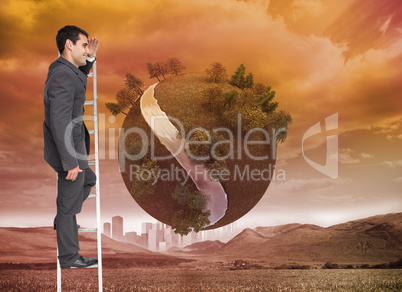 Composite image of happy businessman standing on ladder