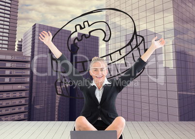 Composite image of businesswoman sitting in front of laptop with