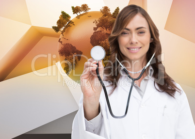 Composite image of happy doctor using stethoscope