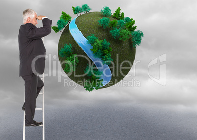 Composite image of mature businessman standing on ladder