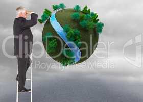 Composite image of mature businessman standing on ladder