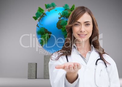 Composite image of smiling doctor presenting her hand