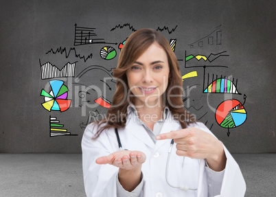 Composite image of smiling doctor presenting her hand