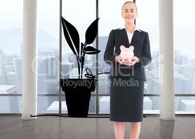 Composite image of businesswoman holding pink piggy bank