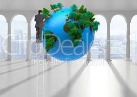 Composite image of businessman standing on ladder