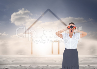 Composite image of shocked elegant businesswoman looking through