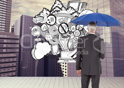 Composite image of businessman holding umbrella