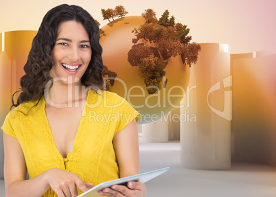 Composite image of smiling casual young woman scrolling on her t