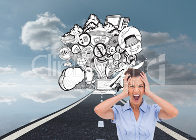 Composite image of stressed businessswoman with hand on her head