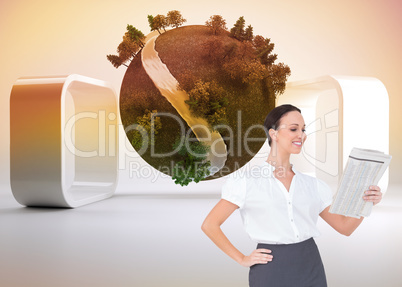 Composite image of cheerful stylish businesswoman holding newspa